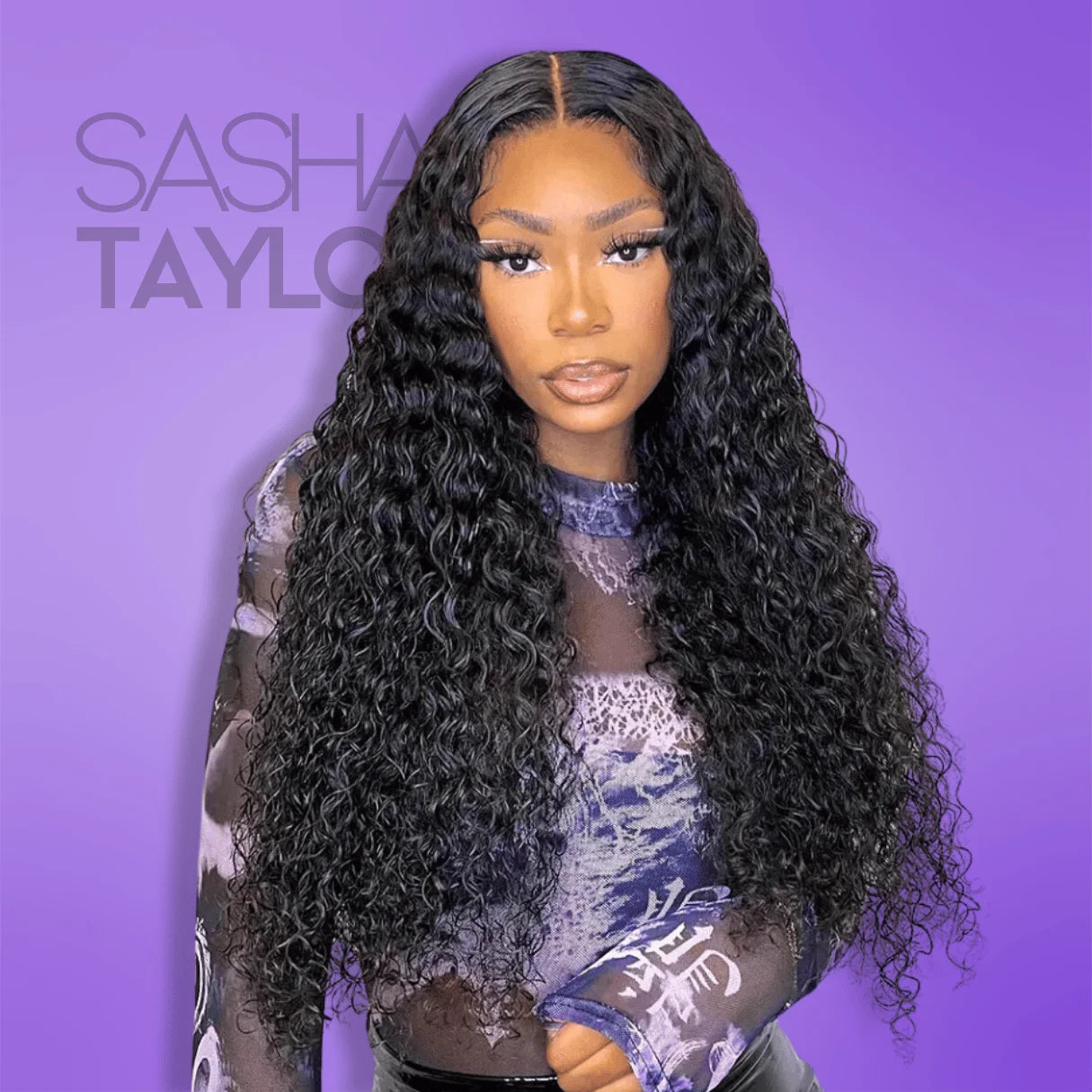 a black woman wearing a black Water Wave Black Curly Glueless Human Hair Wig - Transparent HD Lace Front