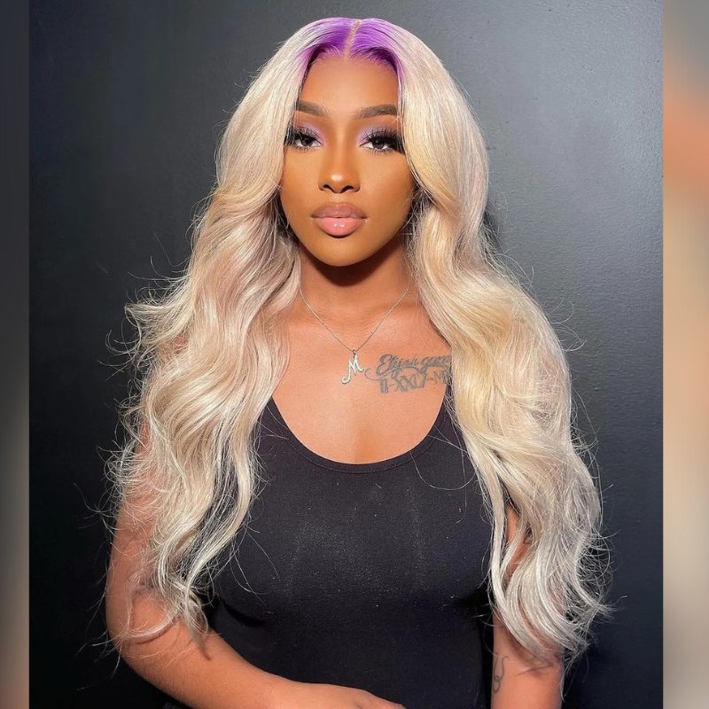 Blonde w Purple Roots Human Hair Wig - HD Lace Wigs