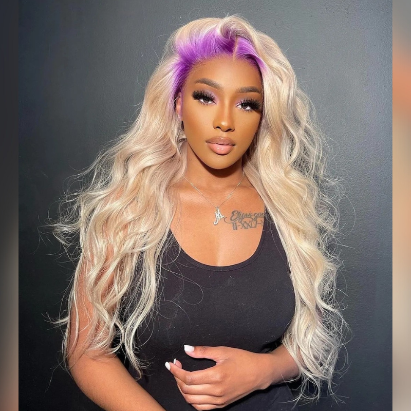 Blonde w Purple Roots Human Hair Wig - HD Lace Wigs