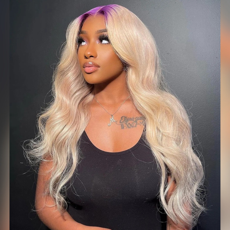 Blonde w Purple Roots Human Hair Wig - HD Lace Wigs