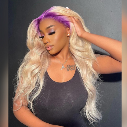 Blonde w Purple Roots Human Hair Wig - HD Lace Wigs