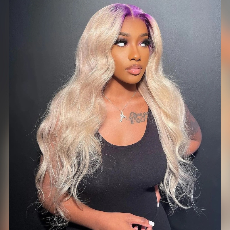 Blonde w Purple Roots Human Hair Wig - HD Lace Wigs