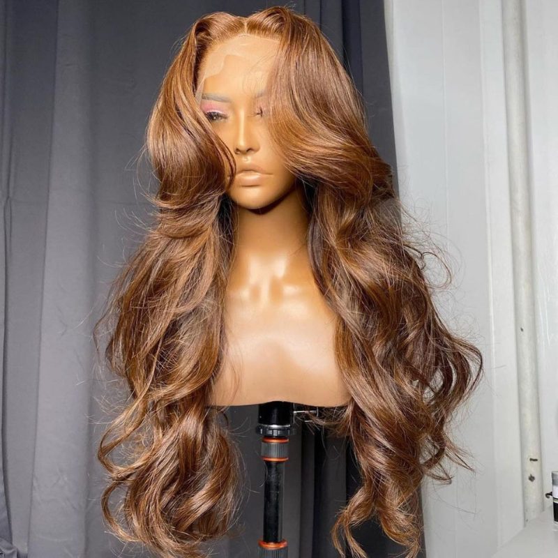 Blonde &amp; Brown Body Wave Human Hair Wig With Bangs - HD Lace Wigs