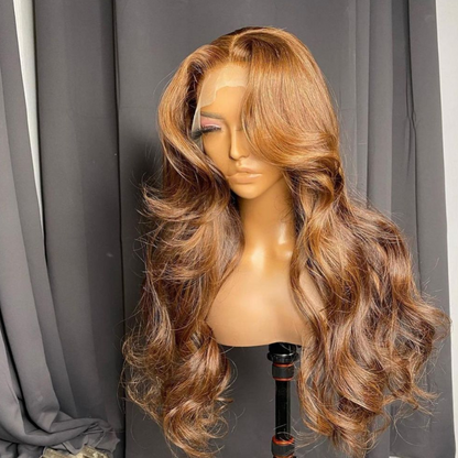 Blonde &amp; Brown Body Wave Human Hair Wig With Bangs - HD Lace Wigs