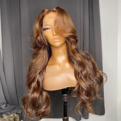 Blonde &amp; Brown Body Wave Human Hair Wig With Bangs - HD Lace Wigs