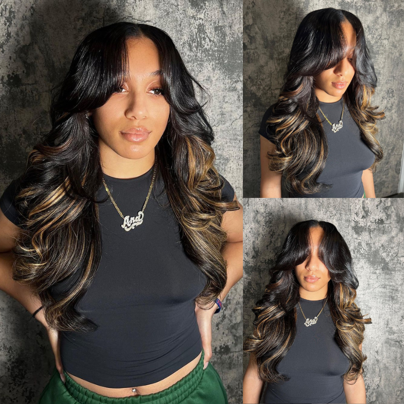 Black &amp; Brown Body Wave Human Hair Wig With Bangs - HD Lace Wigs