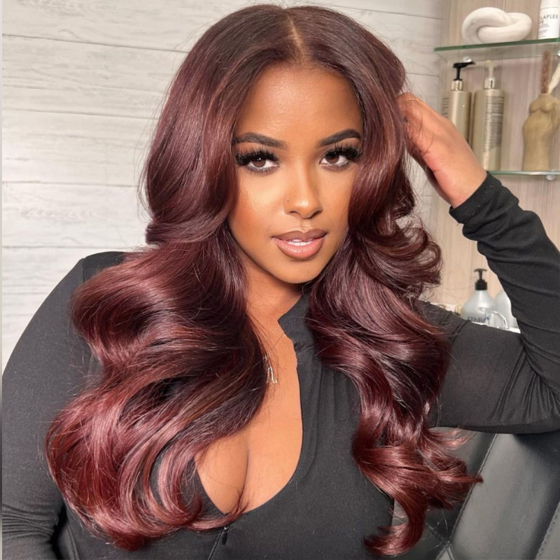 Brown &amp; Red Body Wave Human Hair Wig With Bangs - HD Lace Wigs