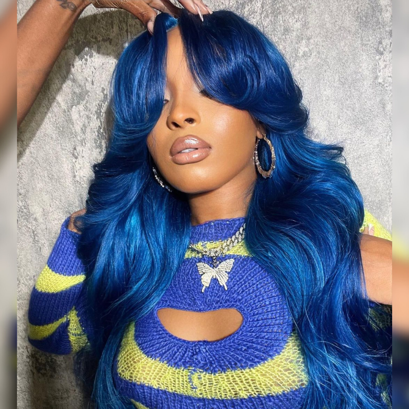 Blue Body Wave Human Hair Wig With Bangs - HD Lace Wigs