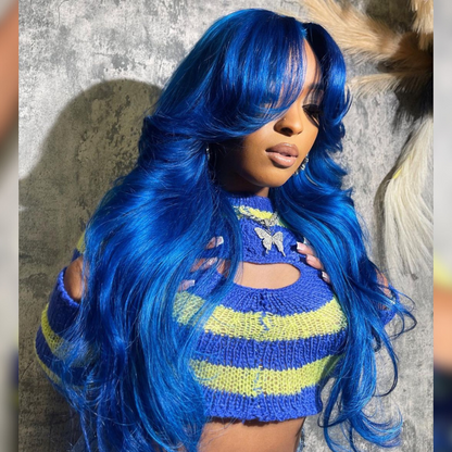 Blue Body Wave Human Hair Wig With Bangs - HD Lace Wigs