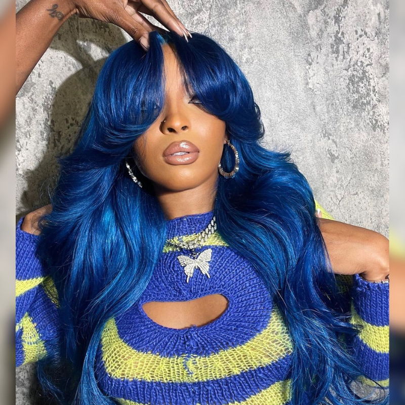 Blue Body Wave Human Hair Wig With Bangs - HD Lace Wigs