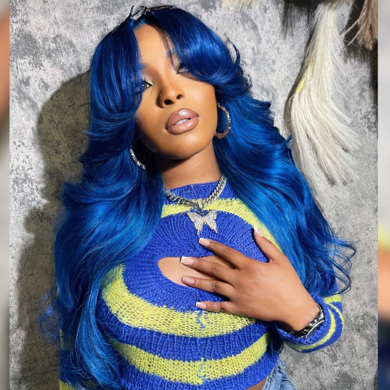 Blue Body Wave Human Hair Wig With Bangs - HD Lace Wigs