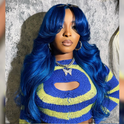 Blue Body Wave Human Hair Wig With Bangs - HD Lace Wigs