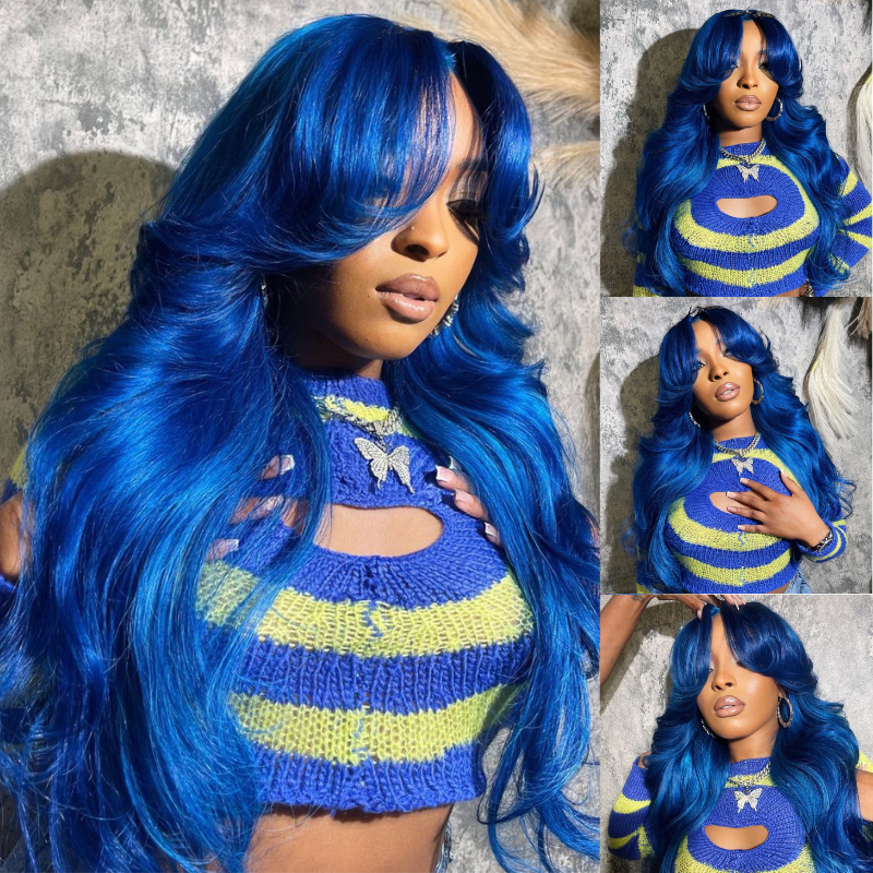 Blue Body Wave Human Hair Wig With Bangs - HD Lace Wigs