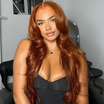 Red Brown Body Wave Human Hair Wig With Bangs - HD Lace Wigs