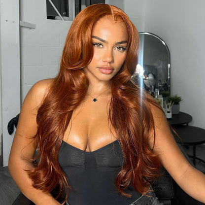 Red Brown Body Wave Human Hair Wig With Bangs - HD Lace Wigs