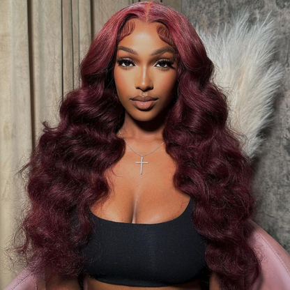 Dark Red Wand Curls &amp; Loose Deep Wave Human Hair Wig - HD Lace Wigs