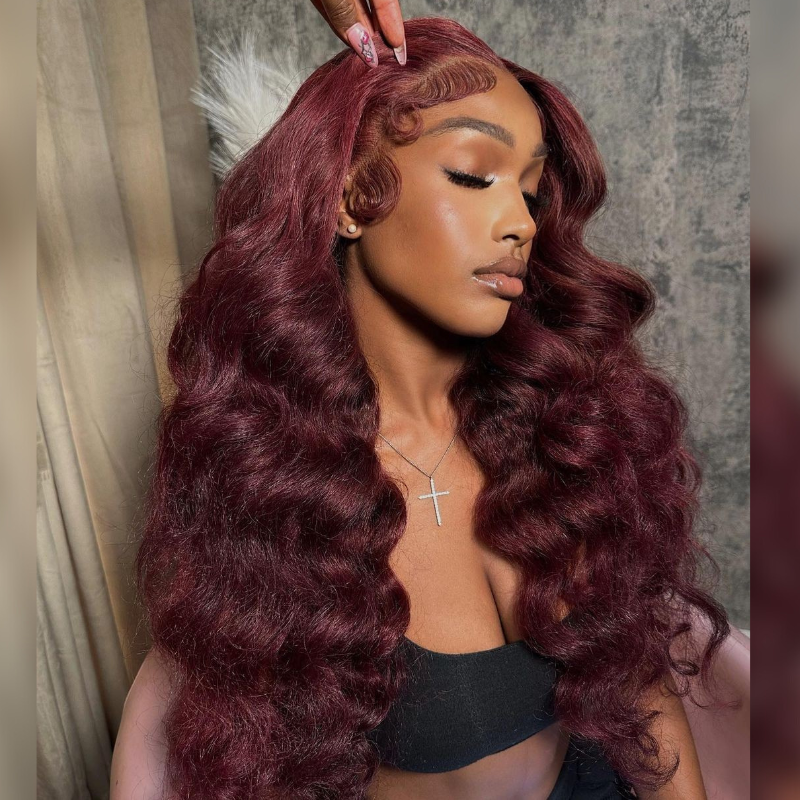 Dark Red Wand Curls &amp; Loose Deep Wave Human Hair Wig - HD Lace Wigs