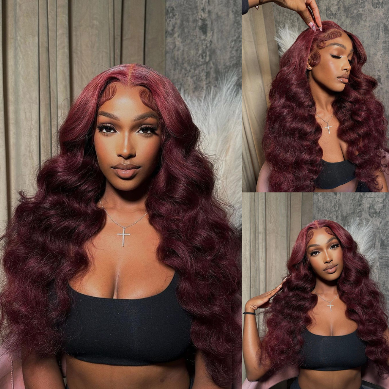 Dark Red Wand Curls &amp; Loose Deep Wave Human Hair Wig - HD Lace Wigs