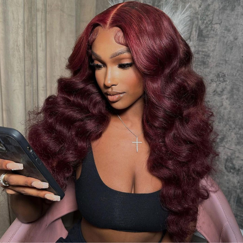 Dark Red Wand Curls &amp; Loose Deep Wave Human Hair Wig - HD Lace Wigs