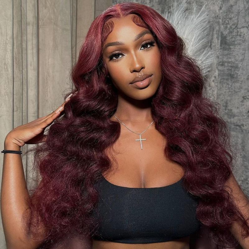 Dark Red Wand Curls &amp; Loose Deep Wave Human Hair Wig - HD Lace Wigs