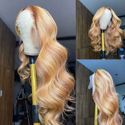 Honey Blonde &amp; Brown Highlights Synthetic Wig - HD Lace Wigs