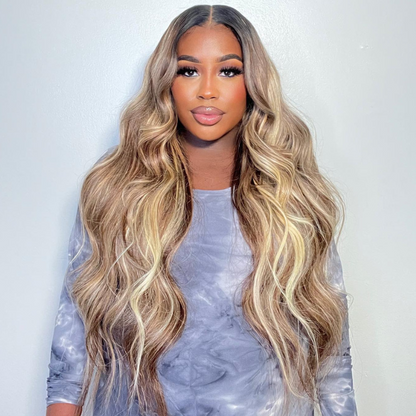 Honey Blonde &amp; Brown Body Wave Human Hair Wig - HD Lace Wigs