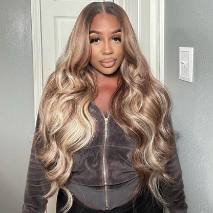 Honey Blonde &amp; Brown Body Wave Human Hair Wig - HD Lace Wigs