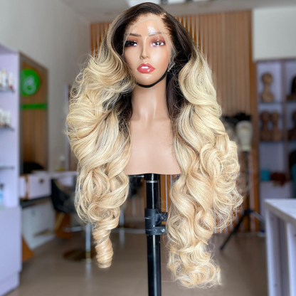 Ombre Dark Brown &amp; Blonde Human Hair Wig - HD Lace Wigs