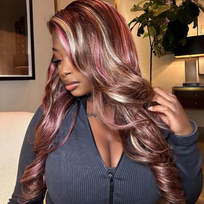 Pink Blonde On Chocolate Brown Highlights Lace Front Wig