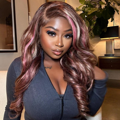 Pink Blonde On Chocolate Brown Highlights Lace Front Wig