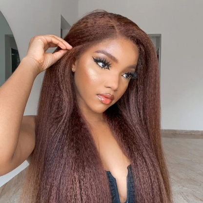 Red &amp; Chocolate Brown Kinky Straight Human Hair Wig - HD Lace Wigs