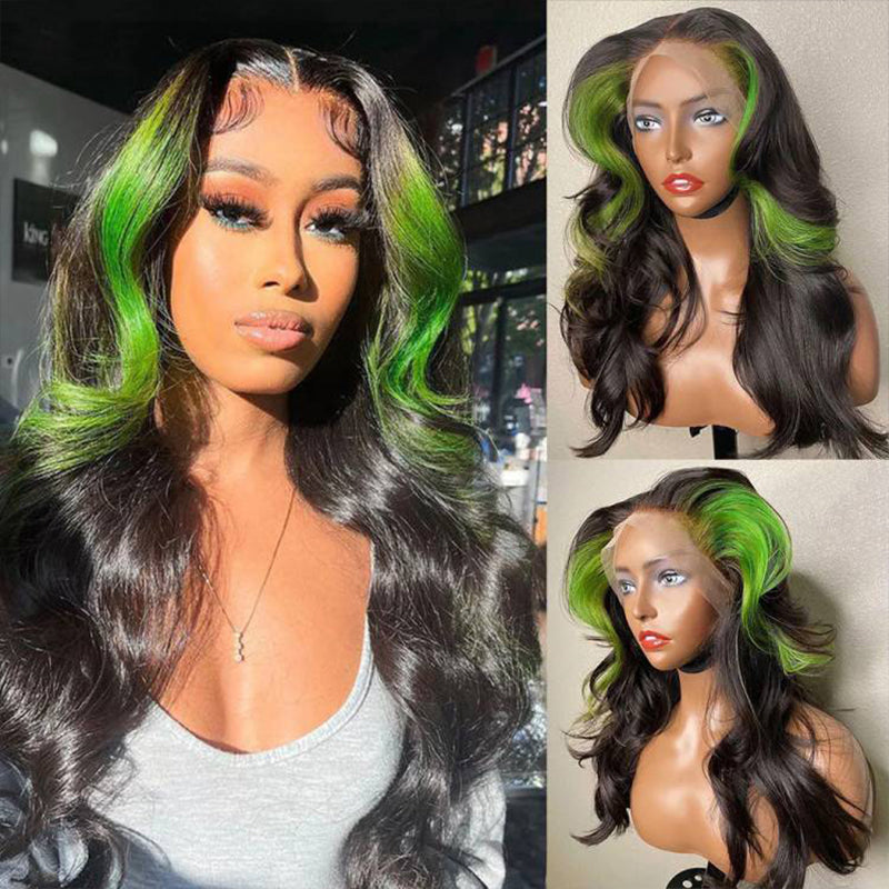 Black w Green Streak Skunk Stripe Human Hair Wig - HD Lace Wigs