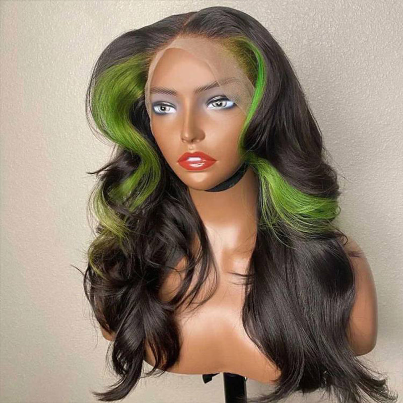 Black w Green Streak Skunk Stripe Human Hair Wig - HD Lace Wigs