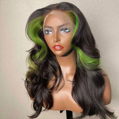 Black w Green Streak Skunk Stripe Human Hair Wig - HD Lace Wigs