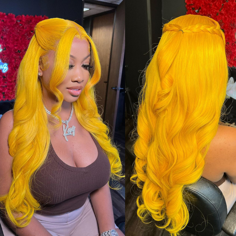 Neon Yellow Loose Wave Human Hair Wig - HD Lace Wigs